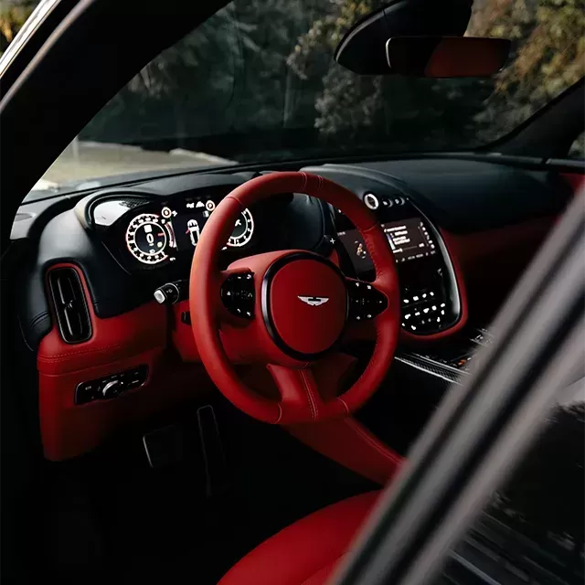 Red interior of Aston Martin car
