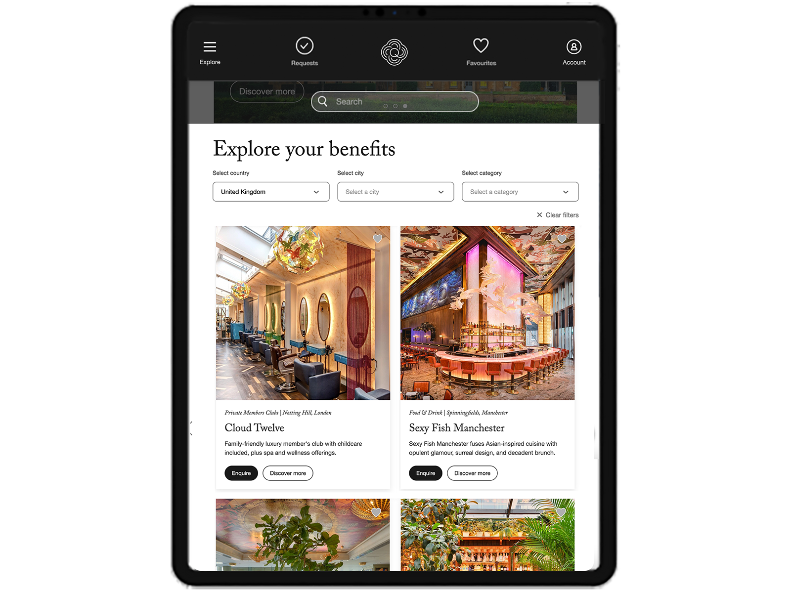 A tablet screen displays a benefits page showing upscale restaurant listings, including Cloud Twelve and Sexy Fish Manchester, with images, descriptions, filter options, and navigation icons at the top.