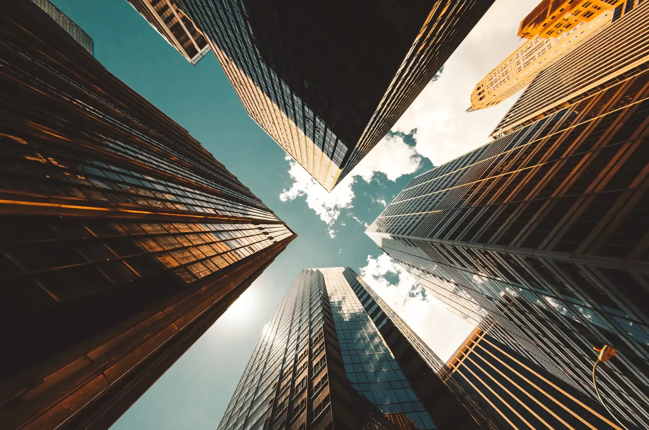 View looking up at tall city buildings