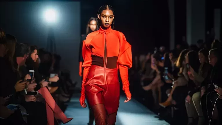 Female model walking down the catwalk in fashion clothing at New York Fashion Week