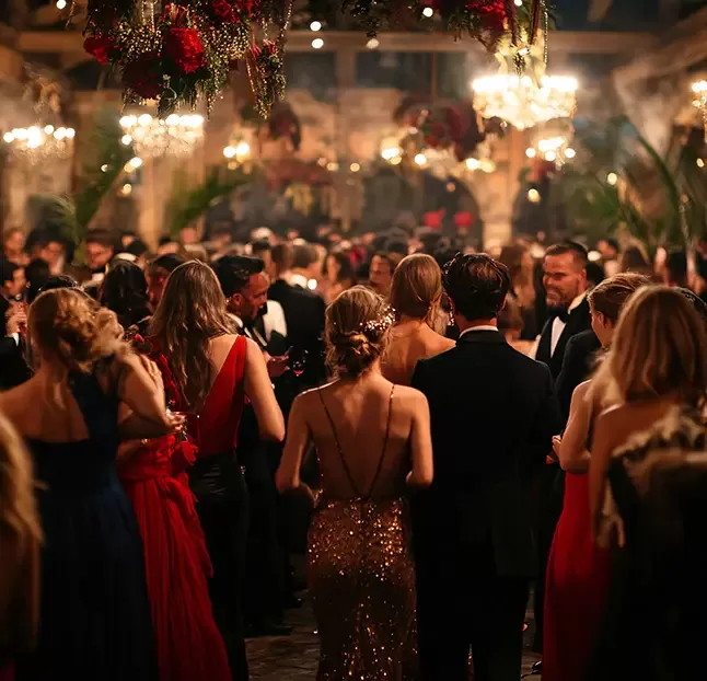 A glamorous evening event with elegantly dressed people in formal attire. The room features dim lighting, chandeliers, and floral decorations. Women in gowns and men in suits are mingling and socializing.