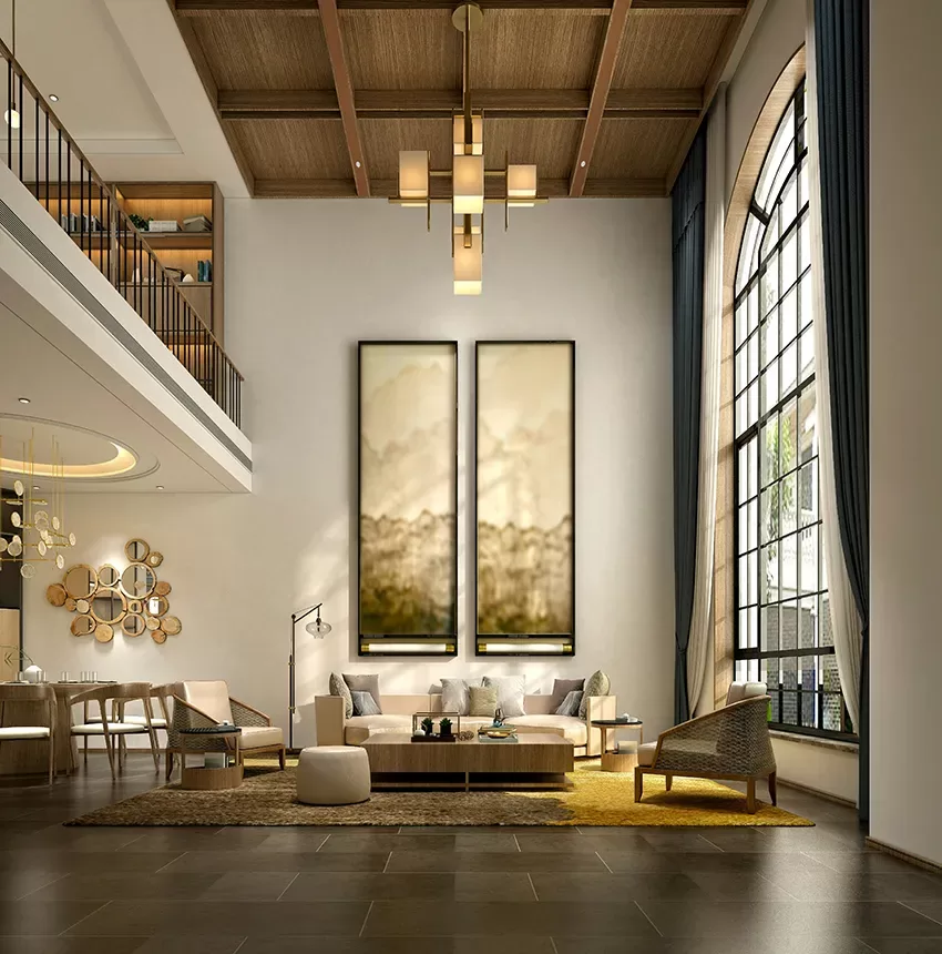 A spacious, modern living room with high ceilings, large arched windows, stylish furniture, two tall abstract paintings, a mix of wood and neutral tones, and a mezzanine balcony overlooking the space.