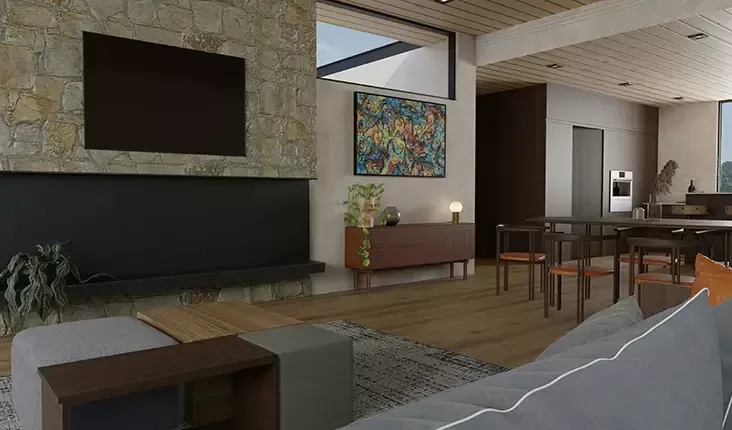A contemporary living room featuring a cozy fireplace and a stylish couch, creating a warm and inviting atmosphere.