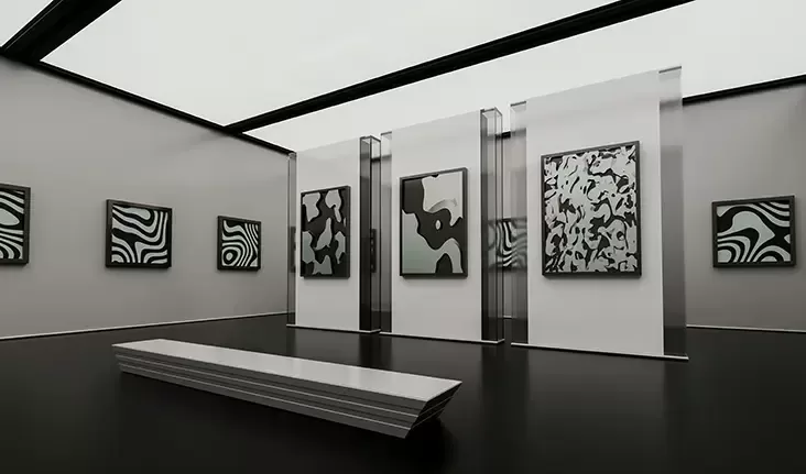 A room featuring various paintings on the walls and a wooden bench positioned in the center for seating.