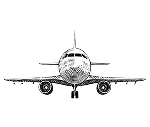 Black and white drawing of a commercial airplane viewed from the front, showing the nose, cockpit windows, wings, and two engines.