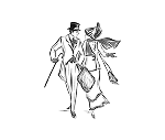 Black and white sketch of a man and woman dancing closely together; the man wears a suit and hat, while the woman wears a dress and hat, with a flowing scarf trailing behind her.
