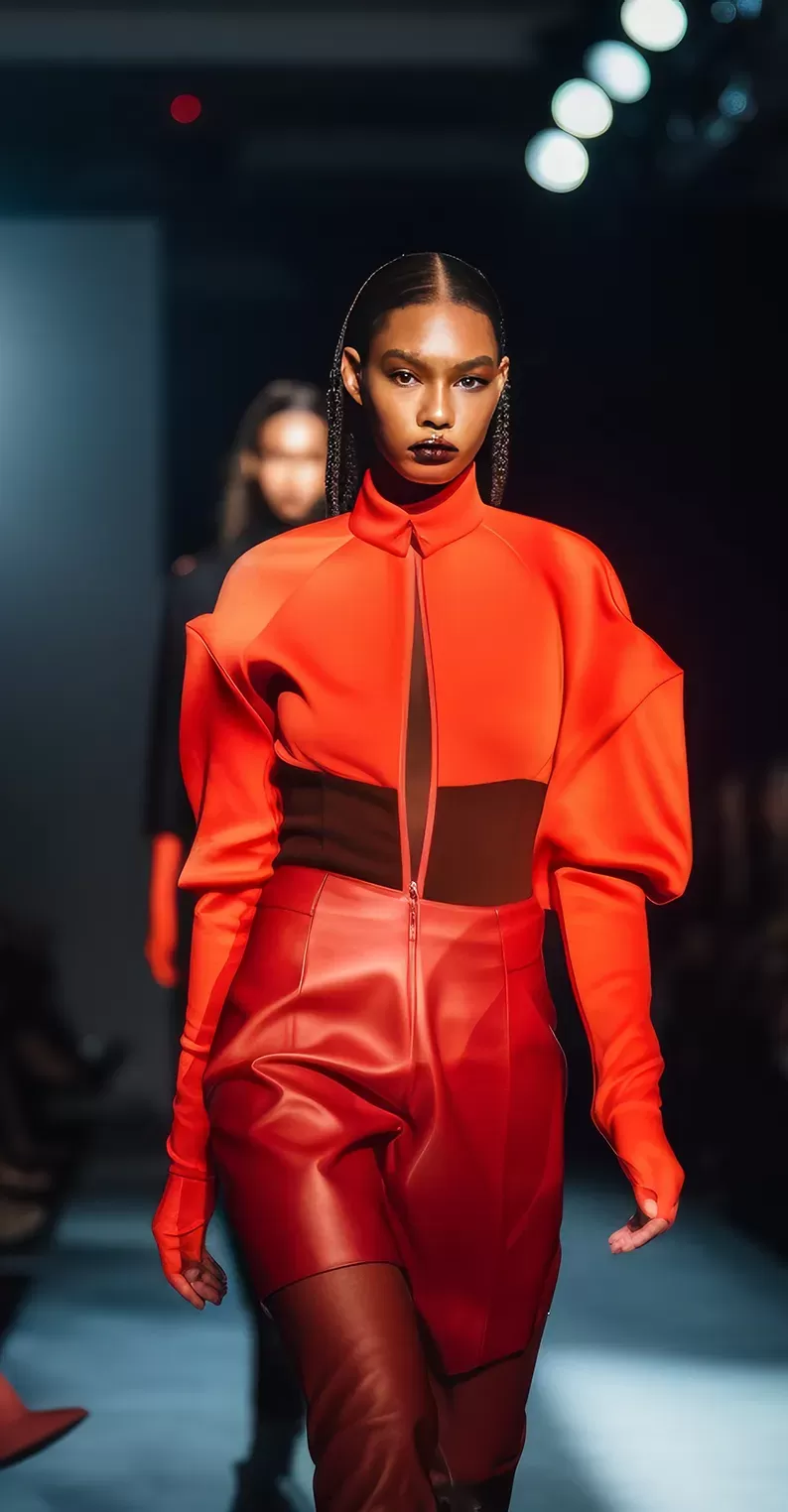 Female model walking down the catwalk in fashion clothing at New York Fashion Week