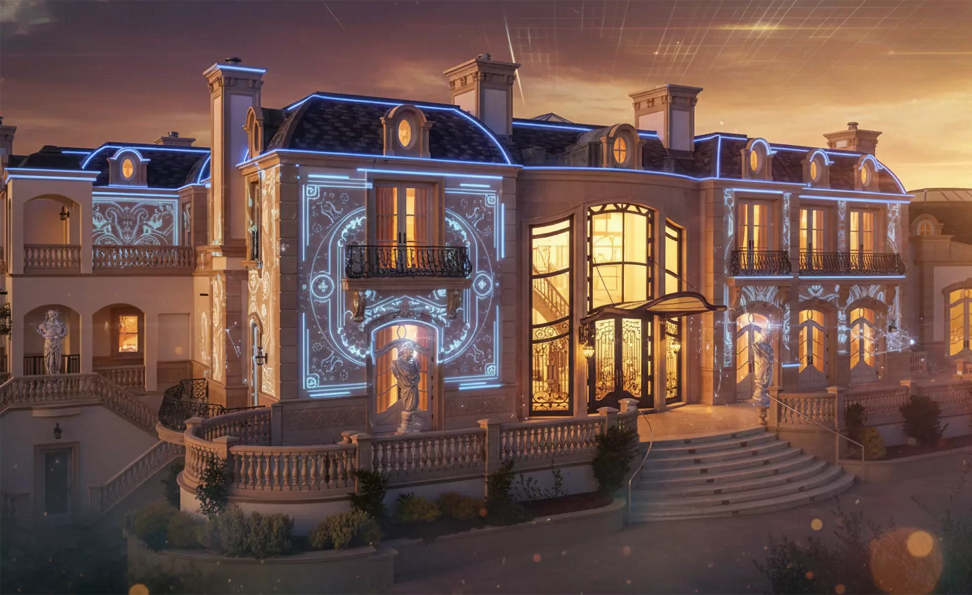 A large, elegant mansion illuminated at dusk, with ornate architectural details and glowing light projections creating intricate patterns on its façade; grand windows and a sweeping staircase are visible at the entrance.