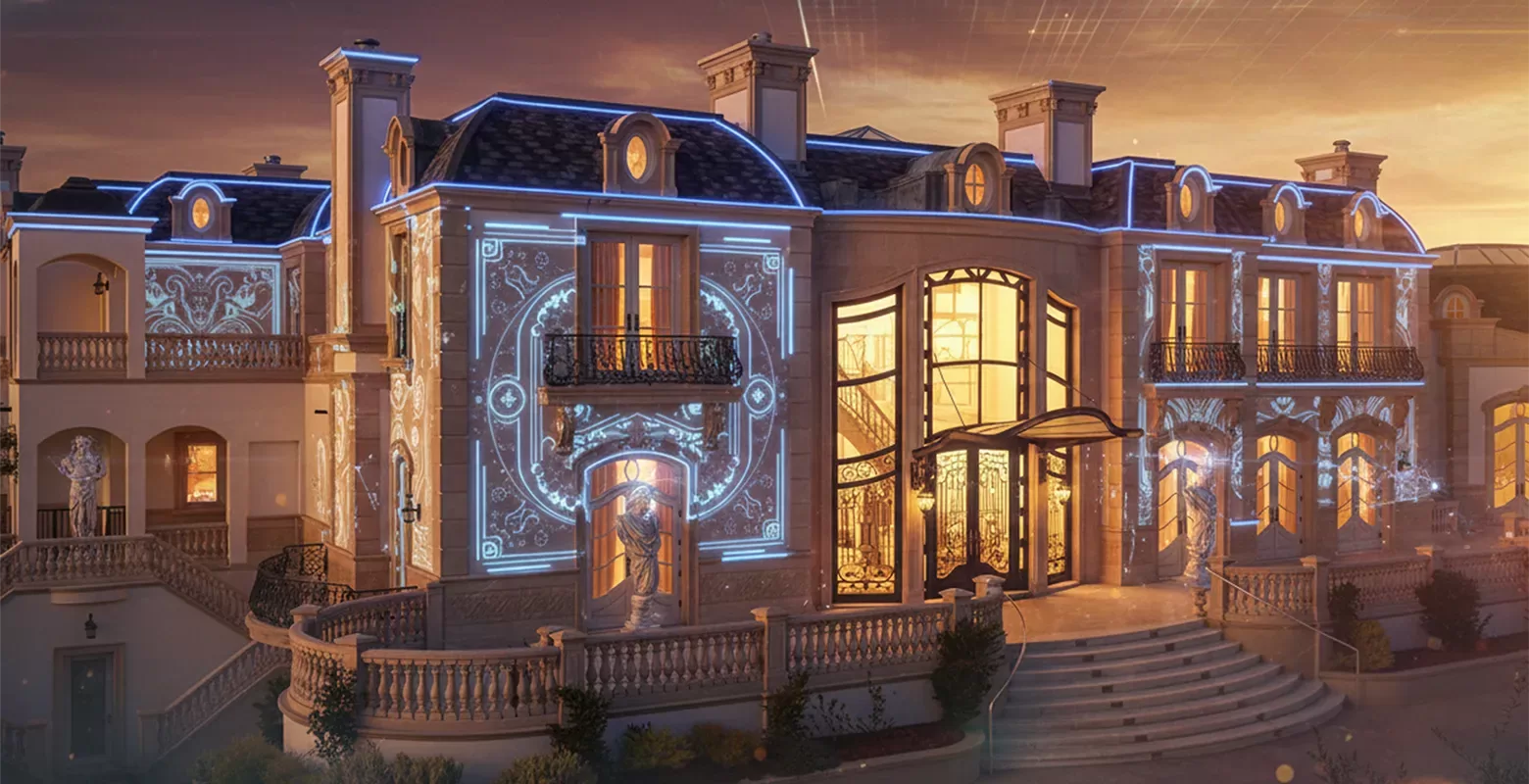 A grand, elegant mansion at sunset with ornate architectural details, large windows, balconies, and blue decorative lights illuminating the exterior walls in intricate patterns.