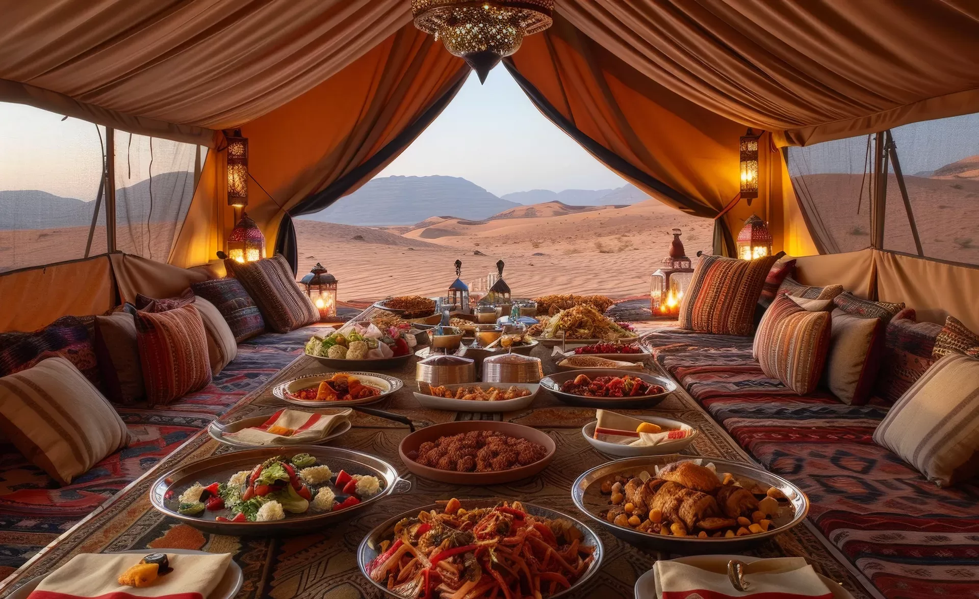 A lavish spread of Middle Eastern cuisine is set on a low table inside a desert tent. Plates are filled with a variety of dishes. The tent features rich fabrics and cushions, with a view of sand dunes and mountains in the background.