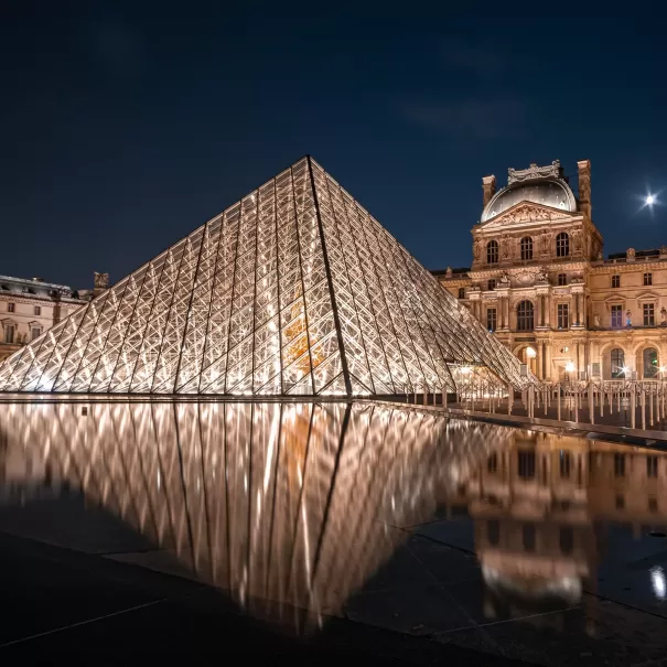 Illuminated glass pyramid of the Louvre Museum in Paris at night, reflected in water, with the historic museum building in the background under a dark sky.