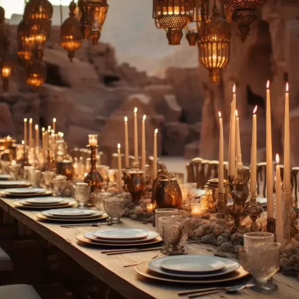 A long wooden dining table elegantly set with white plates, crystal glasses, gold cutlery, and surrounded by glowing candles and ornate lanterns in a warm, rustic desert-like setting.