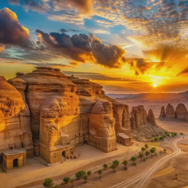 A dramatic sunset illuminates ancient rock-cut structures in a desert landscape, with rugged sandstone cliffs, scattered green trees, and winding sandy roads under a sky with vibrant orange and yellow clouds.