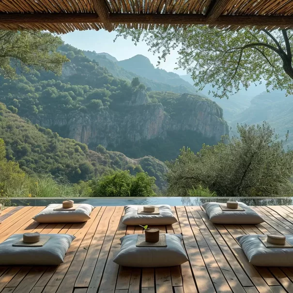 A serene outdoor space featuring a wooden deck with cushions and low tables, set against a picturesque mountain landscape. The area is shaded by a pergola, and lush greenery surrounds the scene under a clear sky.