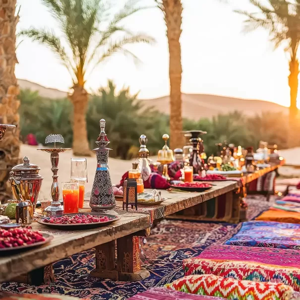 A long, low wooden table set with ornate teapots, glasses, fruit, and lanterns stands on colorful rugs and cushions outdoors among palm trees at sunset, creating a vibrant, inviting desert feast scene.