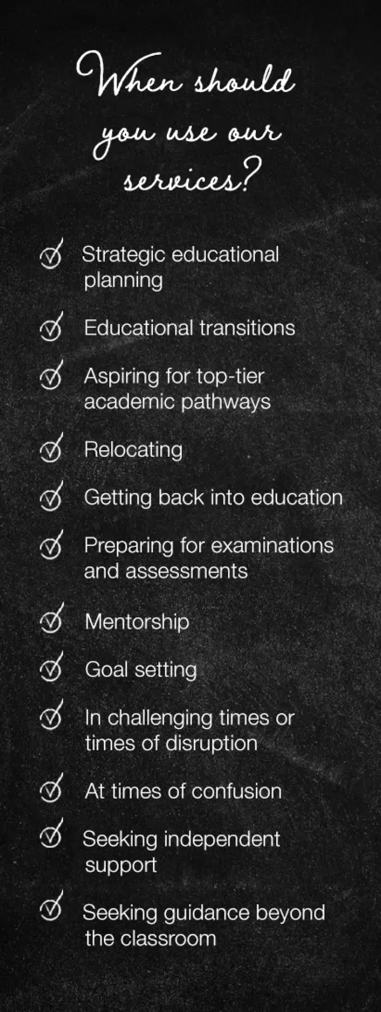Blackboard of reasons why you should use our services at Quintessentially Education