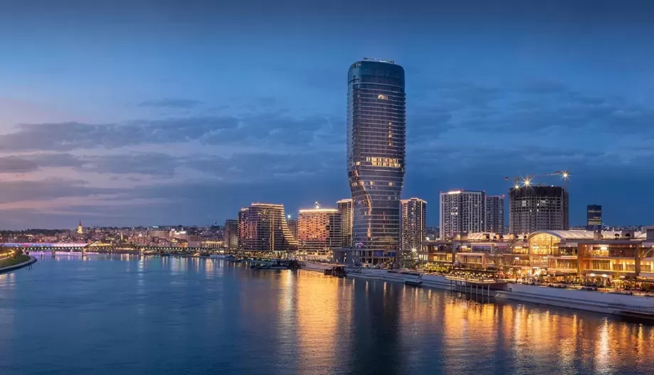 Waterfront city view of Belgrade at night, Serbia