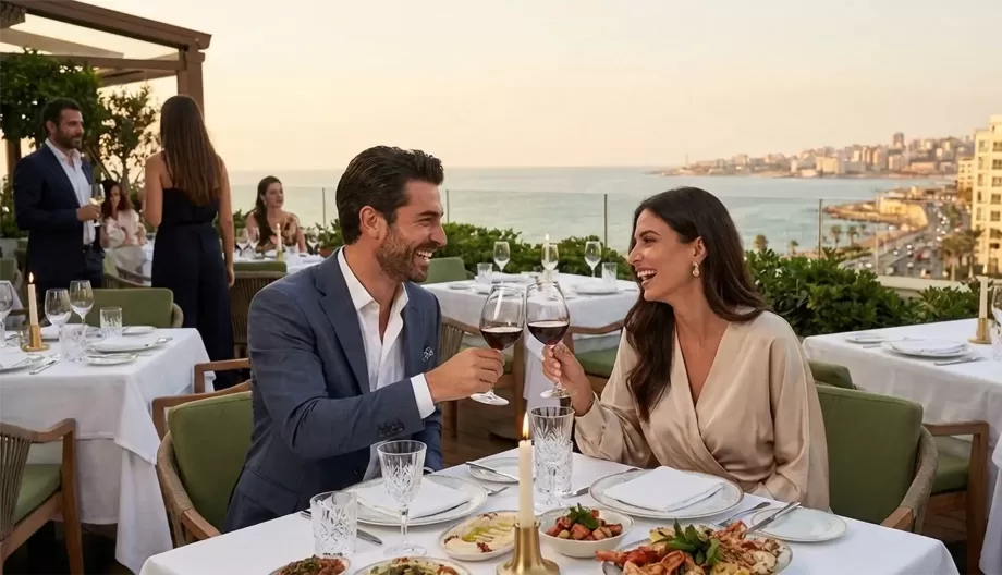 A man and woman dressed elegantly sit at an outdoor restaurant by the sea, smiling and toasting with wine glasses. The table is set with various dishes, and the ocean and city skyline are visible in the background.