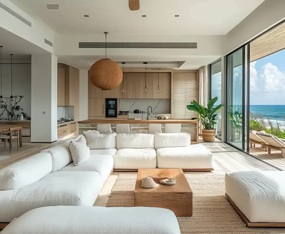 Spacious, modern living room with large white sofas, wooden coffee table, and open kitchen. Glass wall reveals ocean view and blue sky. Natural light, plants, and wooden accents create a serene atmosphere.