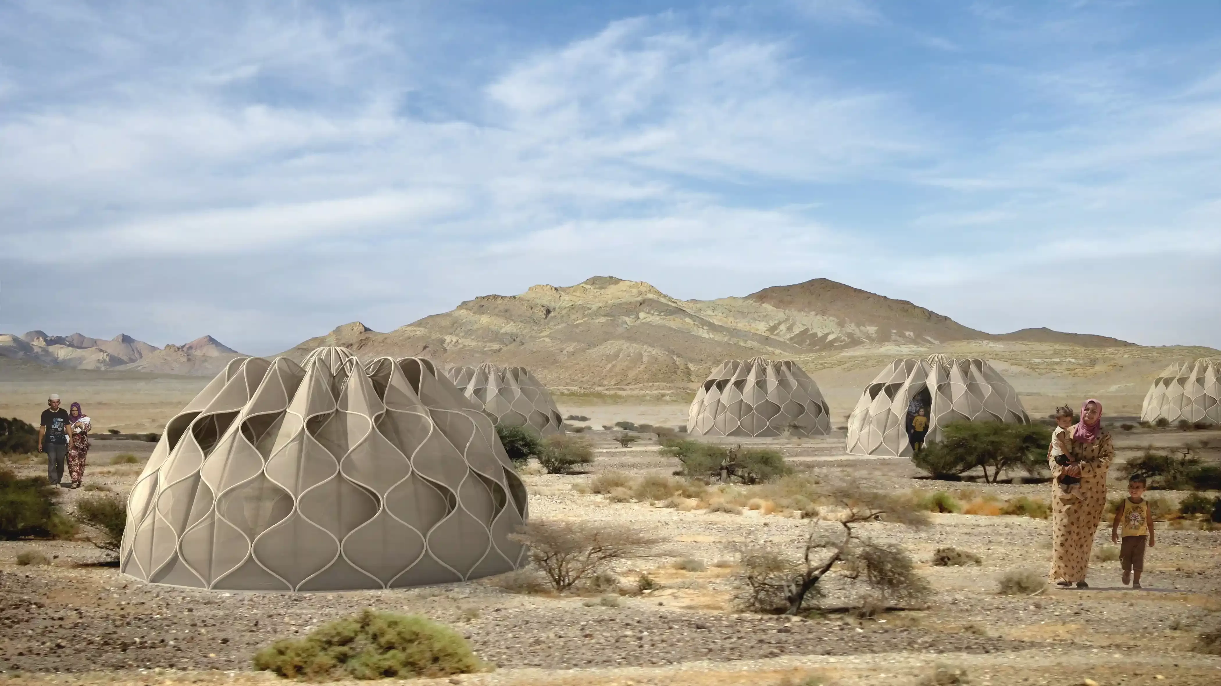 People walking through desert filled with structured tents