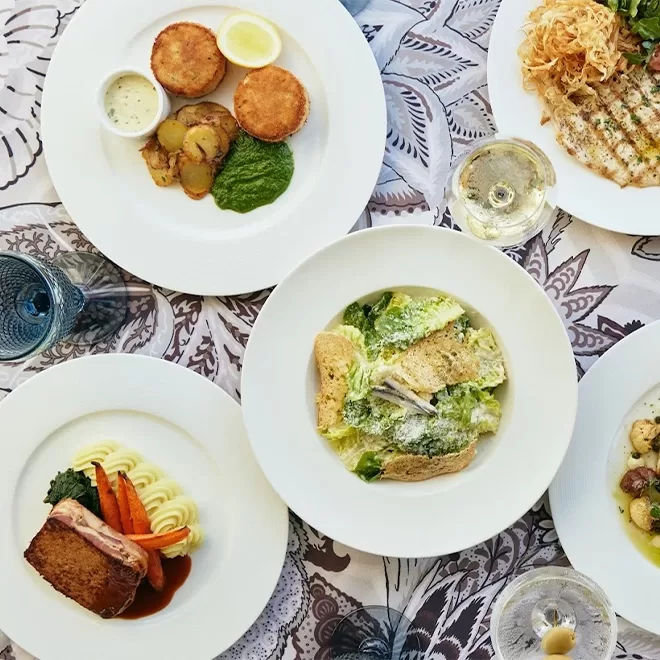 Four white plates with assorted gourmet dishes, including salad, meat with mashed potatoes and vegetables, fish with sauce, and two small cakes with potatoes, arranged on a patterned tablecloth with glasses of white wine.