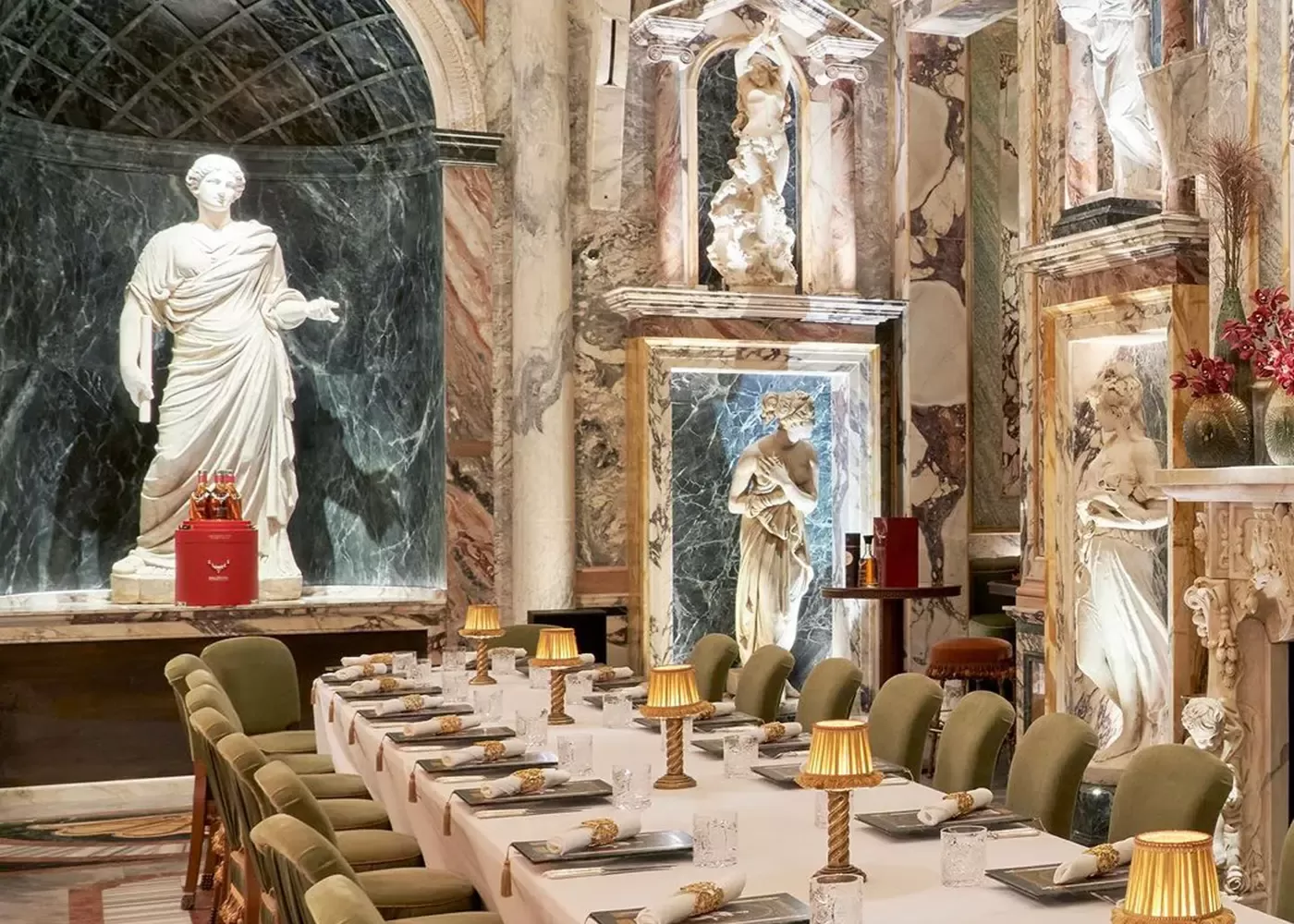 Luxury electric ancient Greek Mythology inspired dining interior of Bacchanalia, Mayfair, London