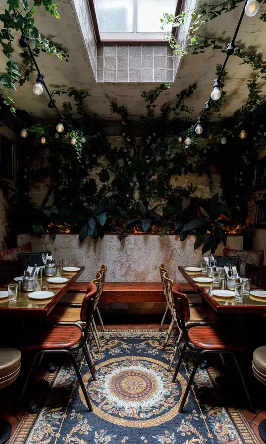 A cozy restaurant interior with wooden tables and chairs, a decorative rug, hanging string lights, and lush green plants covering the walls beneath a skylight. Table settings with plates, glasses, and silverware are visible.