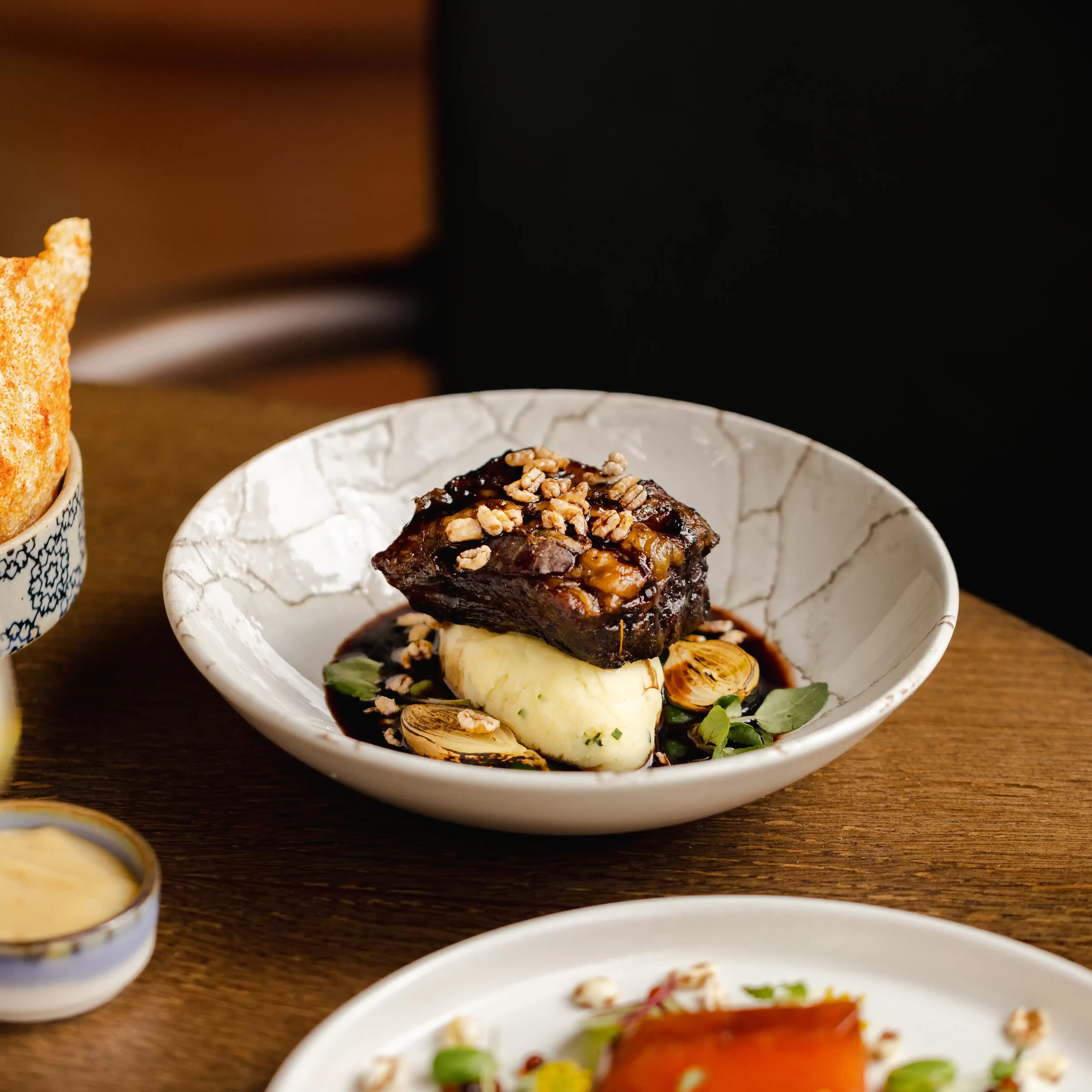 Steak cuisine served in marble bowls, by Mark Anthony Fox & Joe Howard at Boys Hall, Ashford
