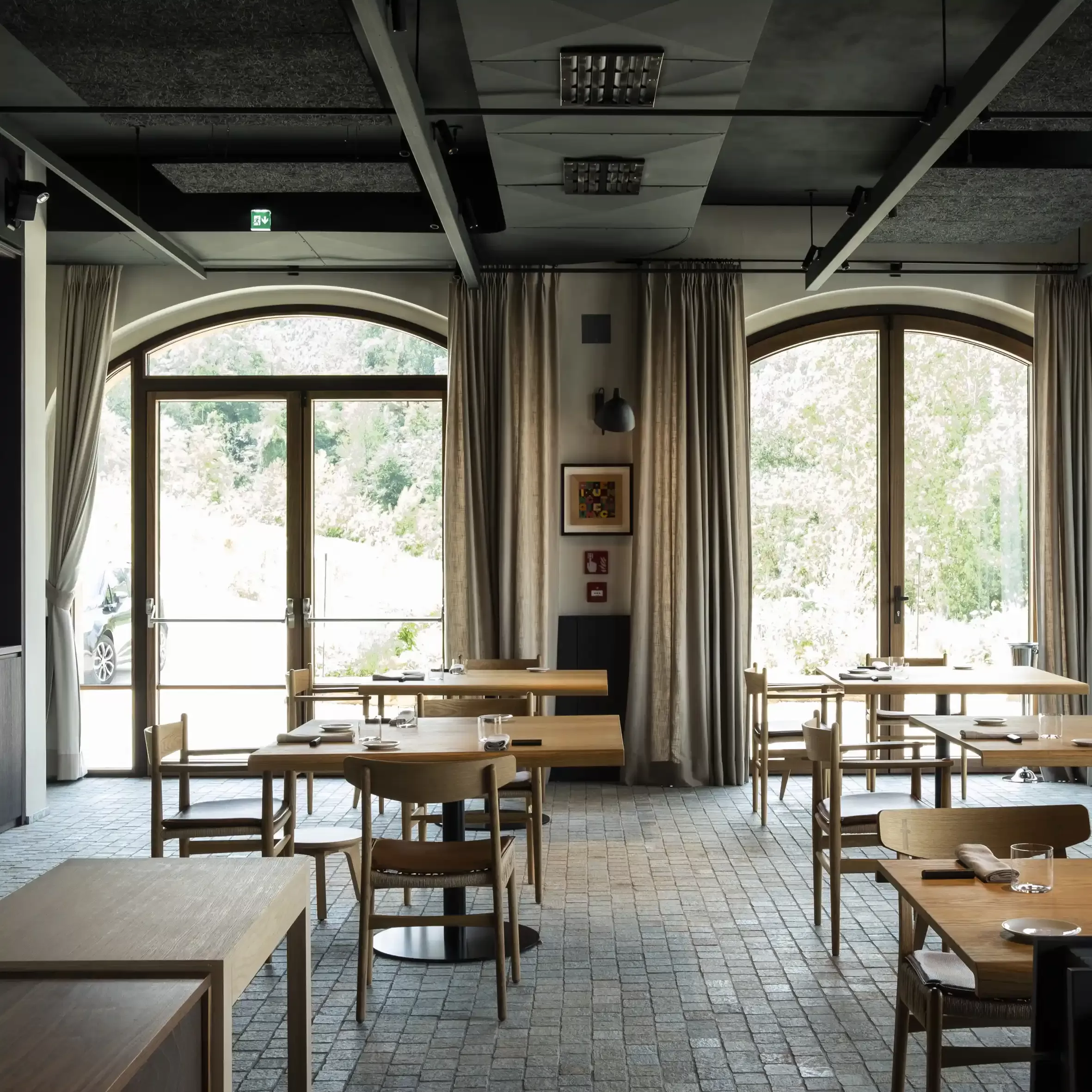 Minimal interior of Michel star restaurant Fàula ristorante inside Casa Di Langa, Piedmont