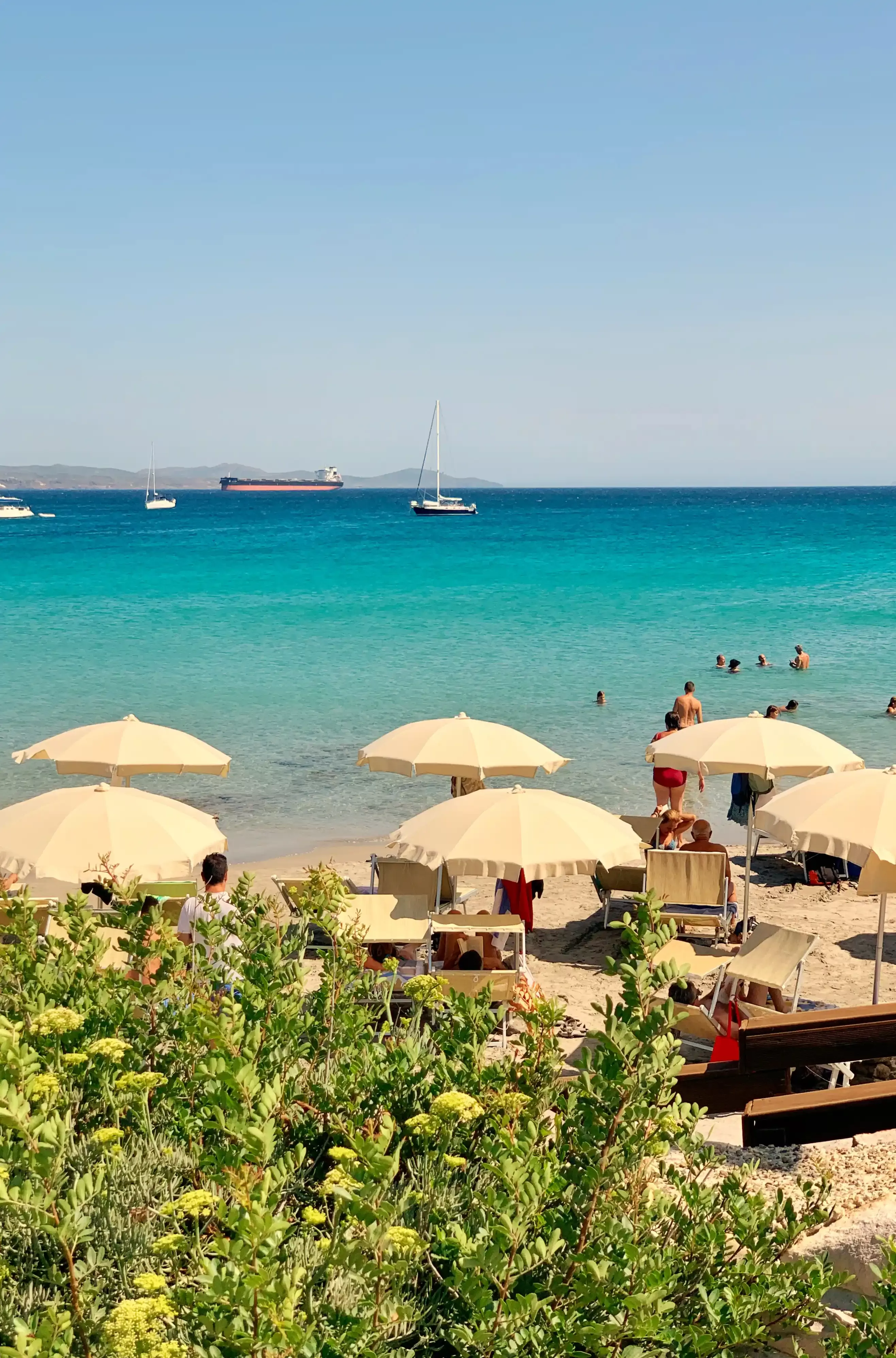 Blue sea beaches and lagoons at Carloforte Spiaggia Guidi on Isola di San Pietro, Italy
