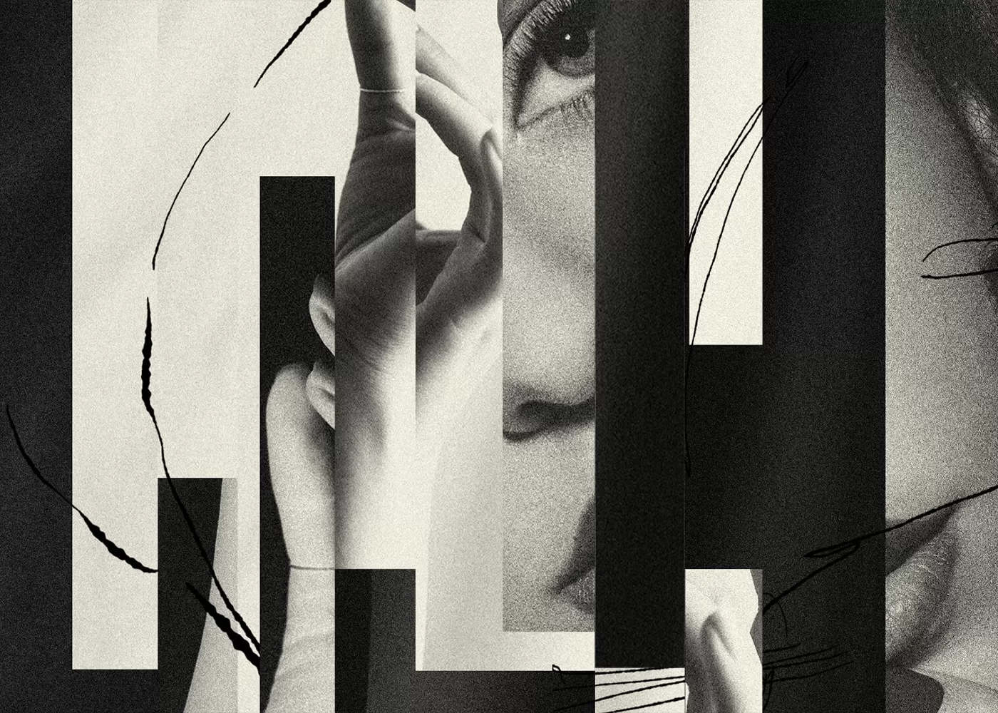 Black and white abstract collage of a person’s face and hand, partially obscured by bold geometric shapes and overlapping lines, creating a fragmented, artistic effect.