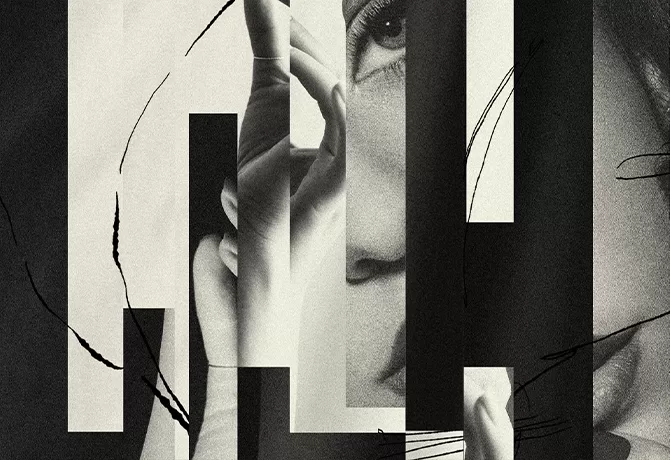 Abstract black-and-white collage featuring fragmented sections of a womans face and hand, intersected by bold vertical black bars and thin, swirling lines.