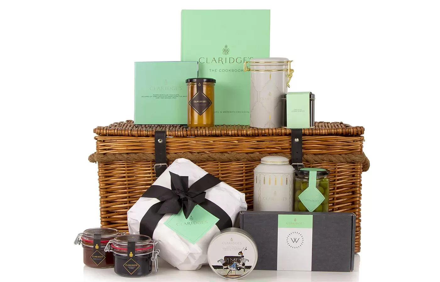 Gifts laid out around Claridges Bond Hamper