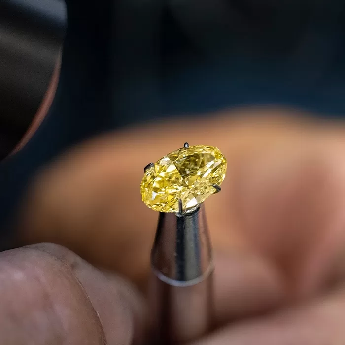 A hand holds a metal tool gripping a sparkling, oval-shaped yellow diamond, with a blurred background suggesting careful inspection or appraisal.