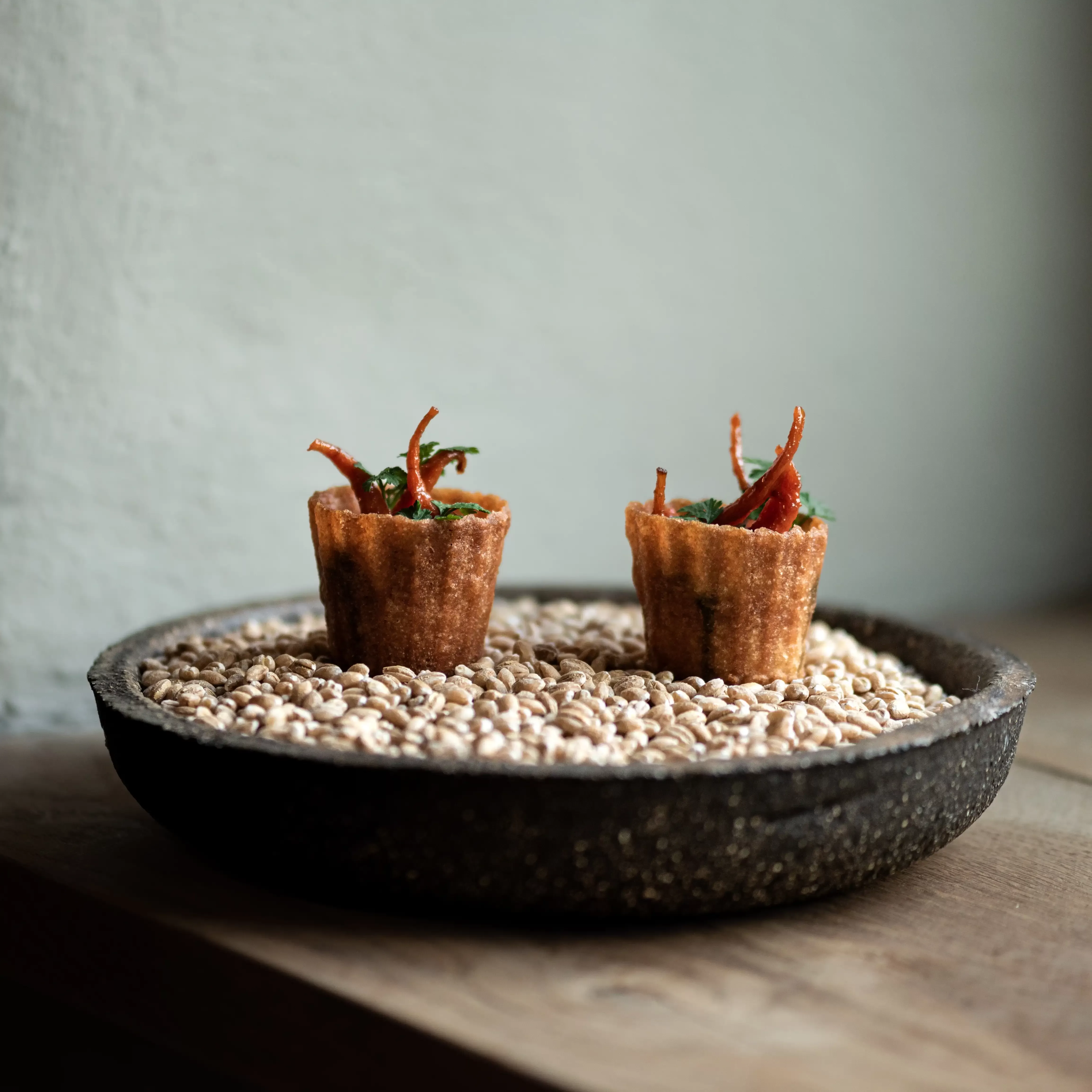 Carrot Smoked Cultured Cream served in stone bowl at Crocadon Farm, Cornwall