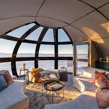 Inside luxury round interior of White Desert Echo Camp, Antarctica