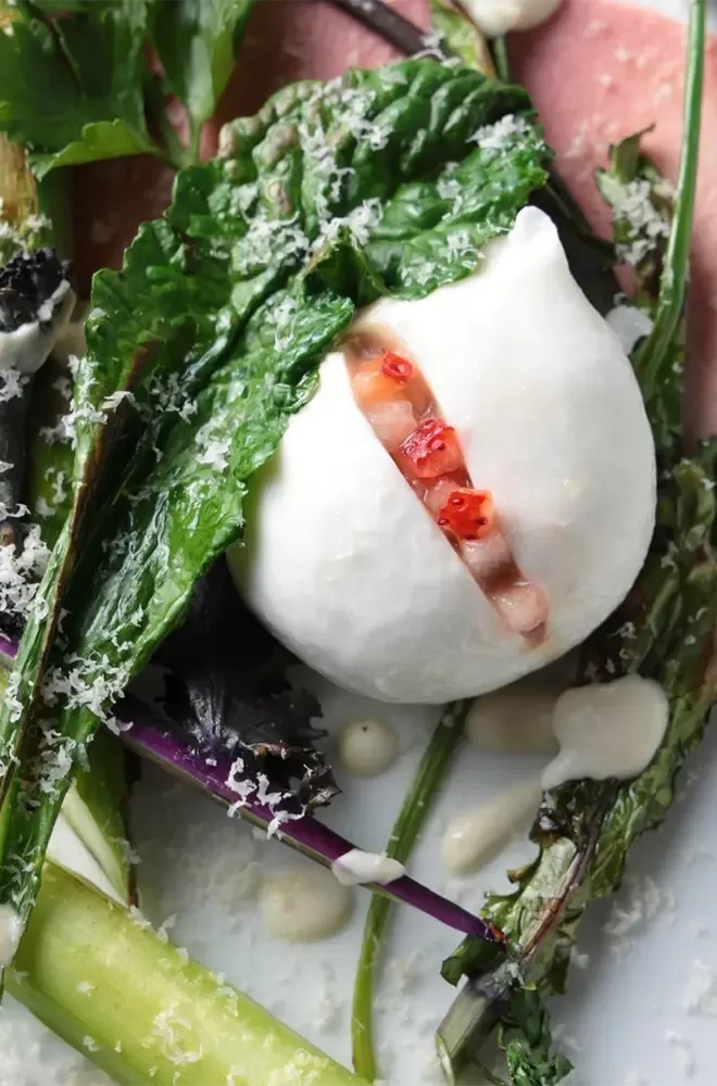 Luxury vegetarian egg dish at Jimgu at Enowa, Yufuin, Japan led by chef Taishi Gyamso