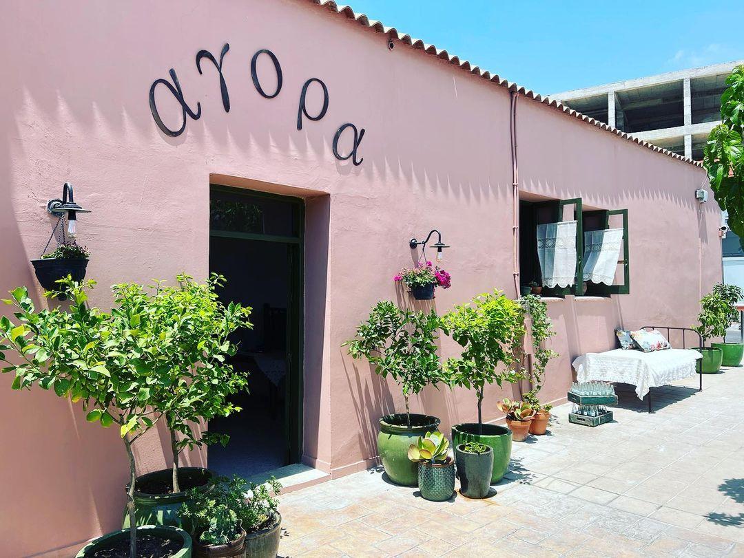 Pink outhouse building in the sun with curved Aropa logo, tall green plats in green plant pots displayed outside the open entrance door.