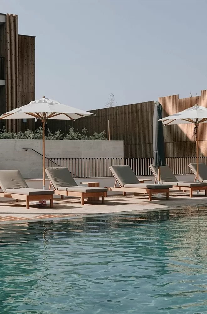 Luxury outdoor pool and sun loungers at Ericeira, Portugal