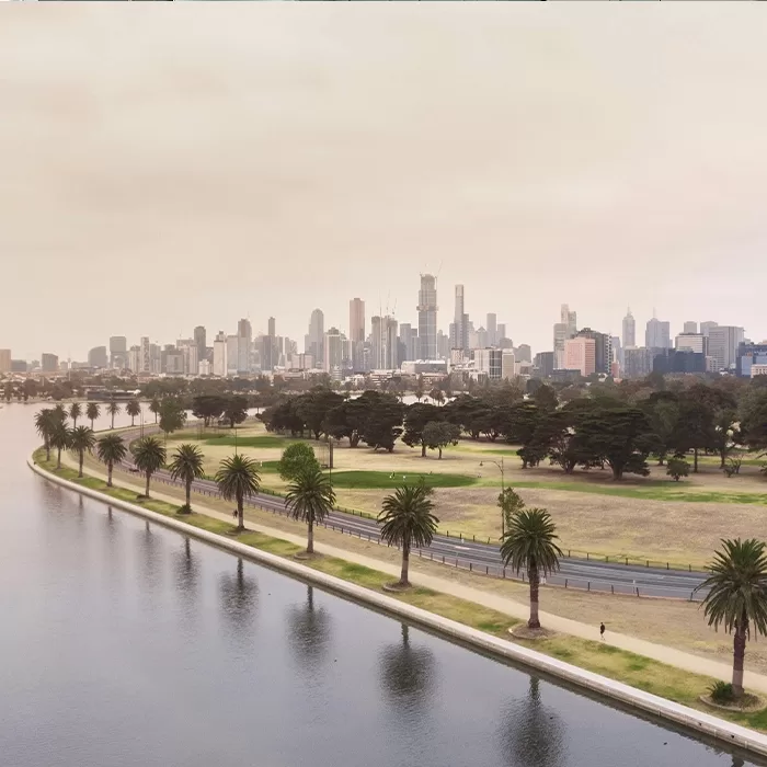 A river bordered by palm trees curves through a park with a city skyline in the background under a hazy sky.