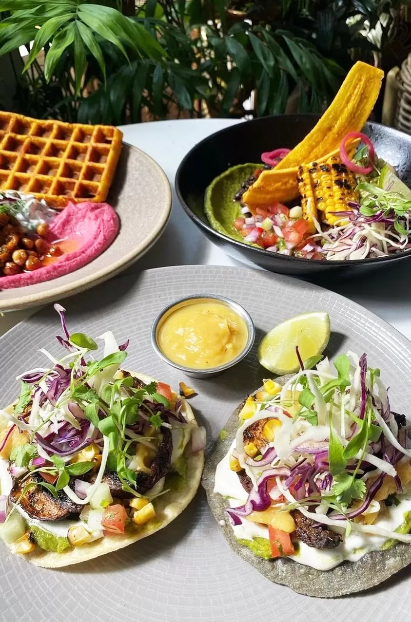 Selection of vegetarian dishes served at Farmacy, Notting Hill