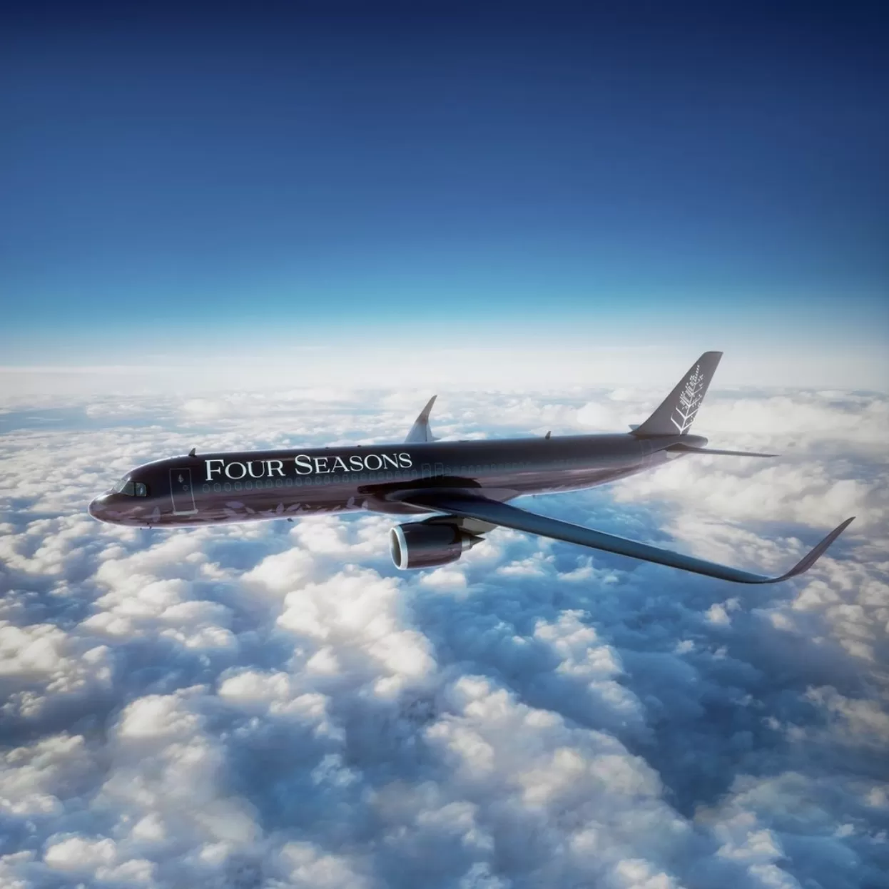 Four Seasons Around the World plane flying in the sky above clouds