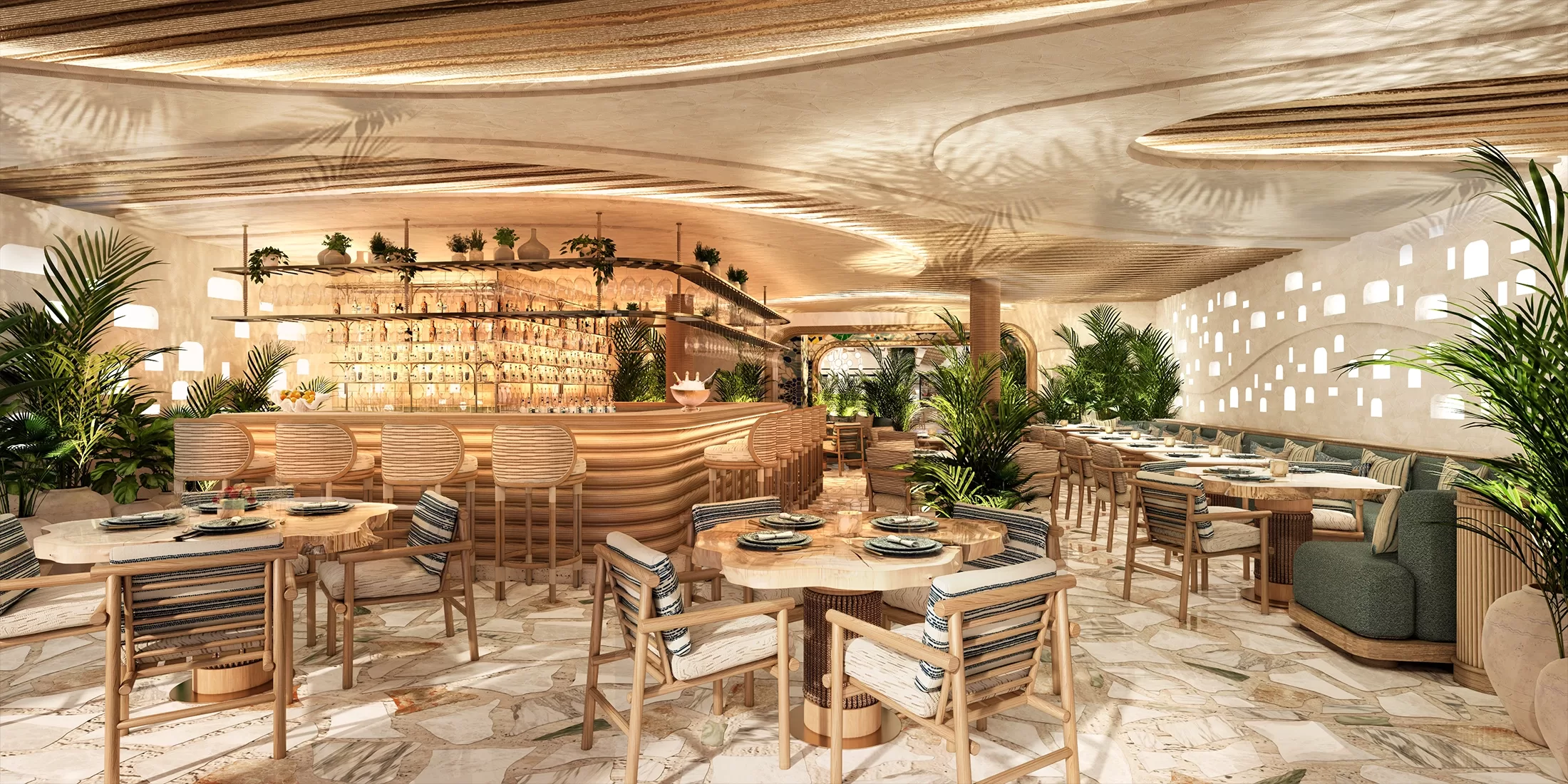Modern restaurant interior with wooden furniture, marble floors, lush green plants, and a central, curved bar. Warm lighting and artistic ceiling and wall designs create a cozy, inviting atmosphere. Tables are set and ready for guests.