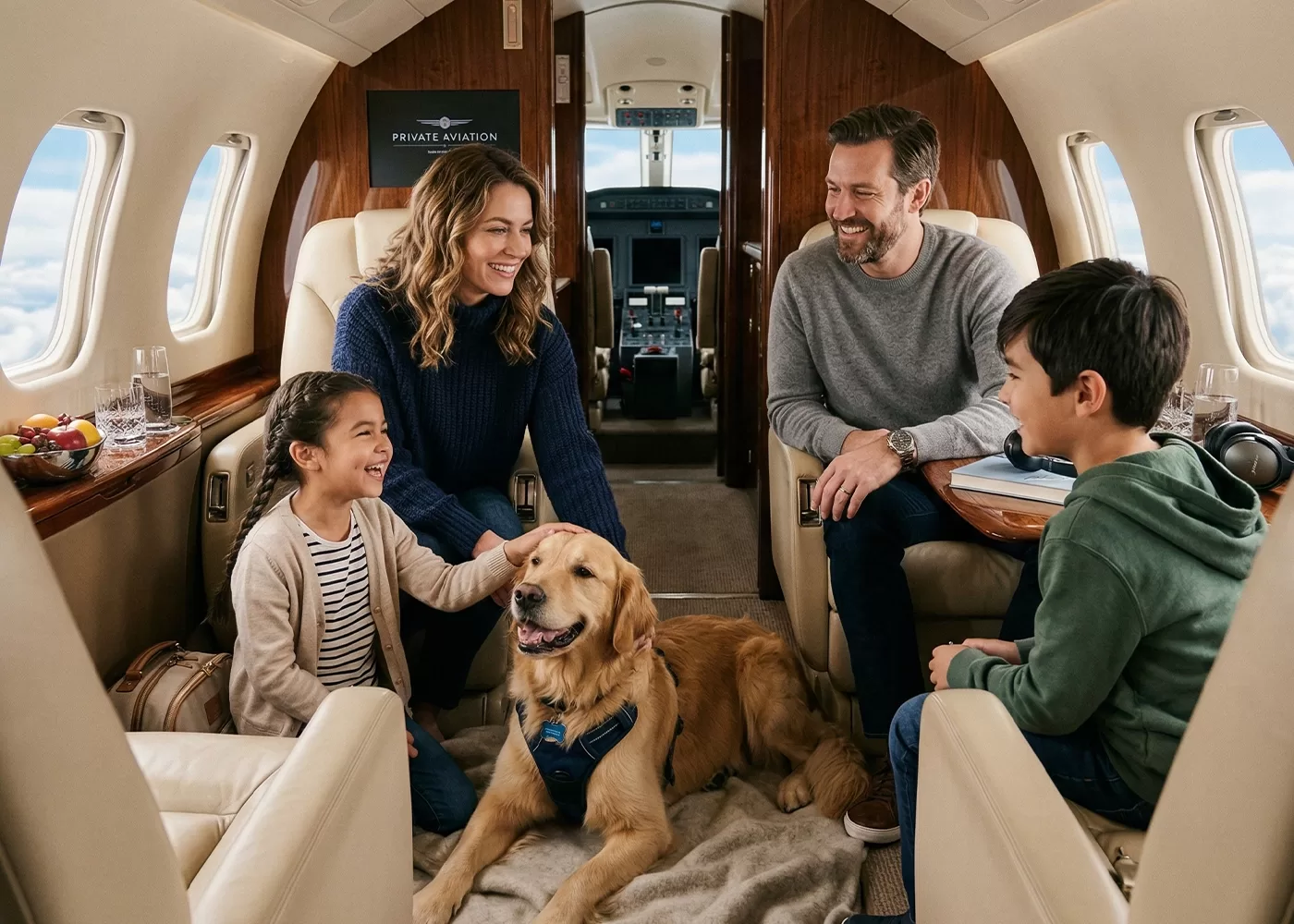 A smiling family of four sits in a luxurious private jet with a golden retriever lying on the floor between them. The two children pet the dog while the parents watch and smile. The cabin looks bright and comfortable.