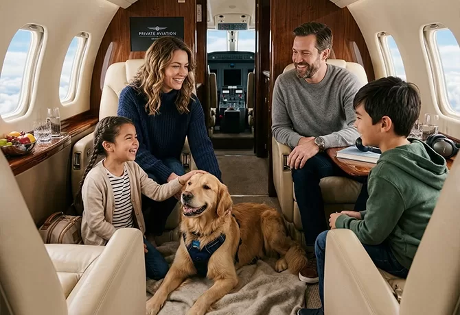 A smiling family of four and their golden retriever sit together inside a luxurious private jet, with light streaming through the windows and plush leather seats around them.