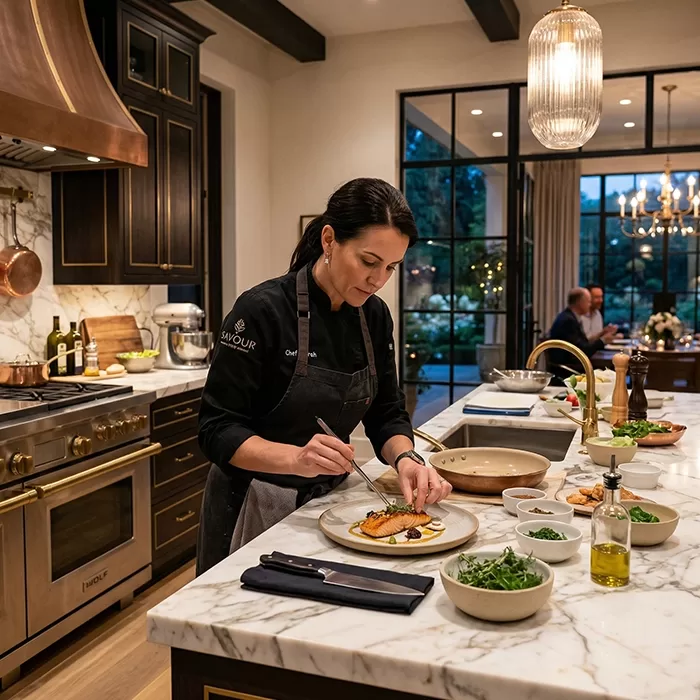 A chef in a modern, upscale kitchen carefully plates a dish on a marble island, surrounded by various ingredients. In the background, people dine at a table near large windows with garden views and elegant chandeliers.