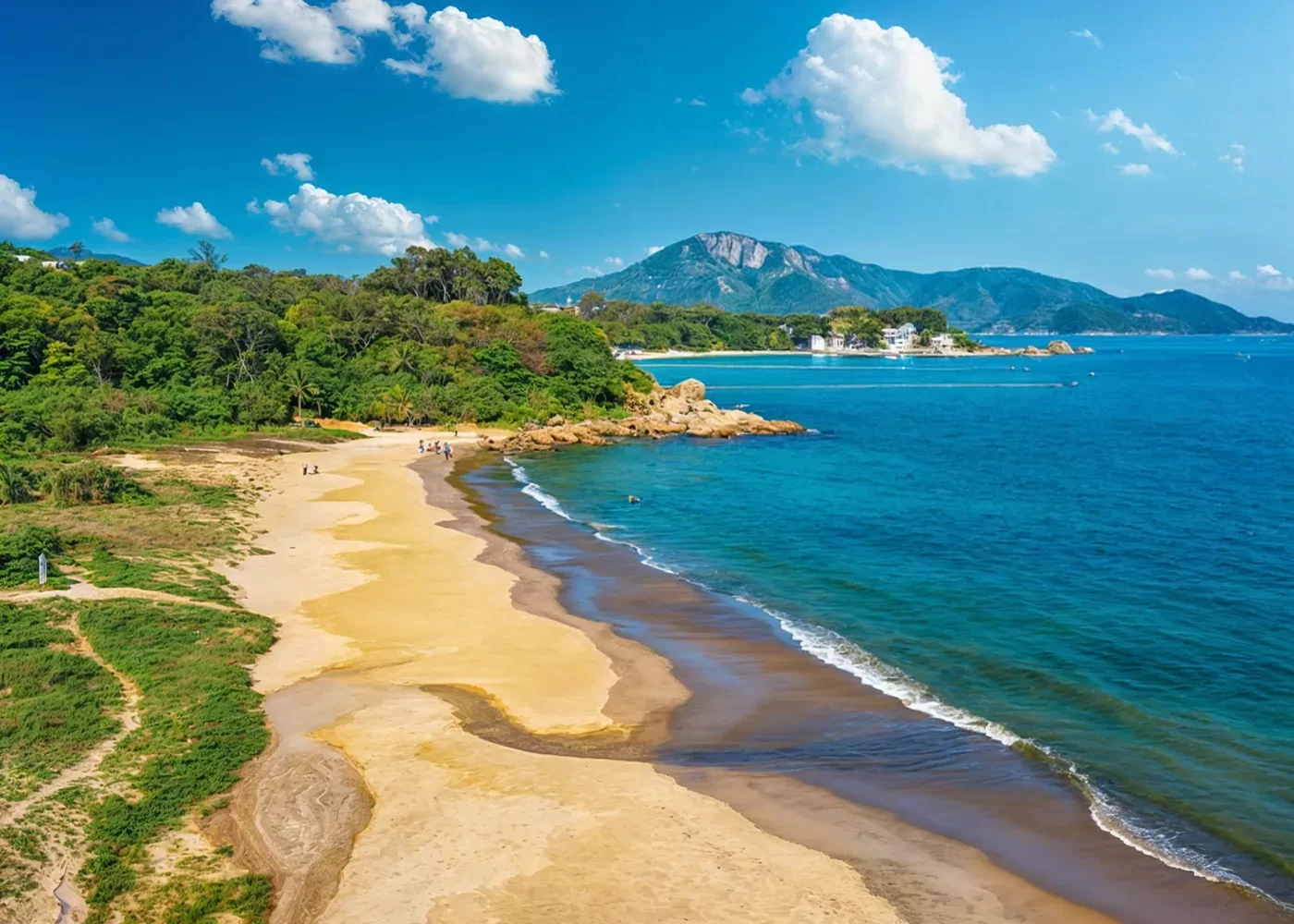 View of blue sea, sand and mountains beach at Cheung Sha Wan, Lantau, Hong Kong