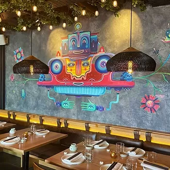 Funky graphic interior of Los Mochis restaurant, Notting Hill, London