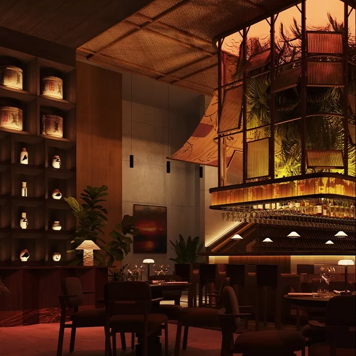 A dimly lit, elegant restaurant with a warm ambiance, featuring a large central bar with hanging plants, cozy tables, modern decor, and shelves displaying decorative jars.