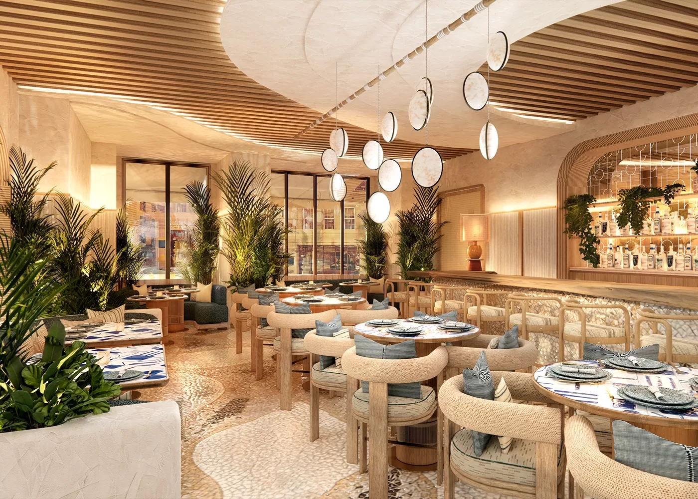 A modern restaurant interior with neutral tones, wooden furniture, round tables, green plants, and decorative hanging lights; sunlight streams through large windows, creating a warm, inviting atmosphere.